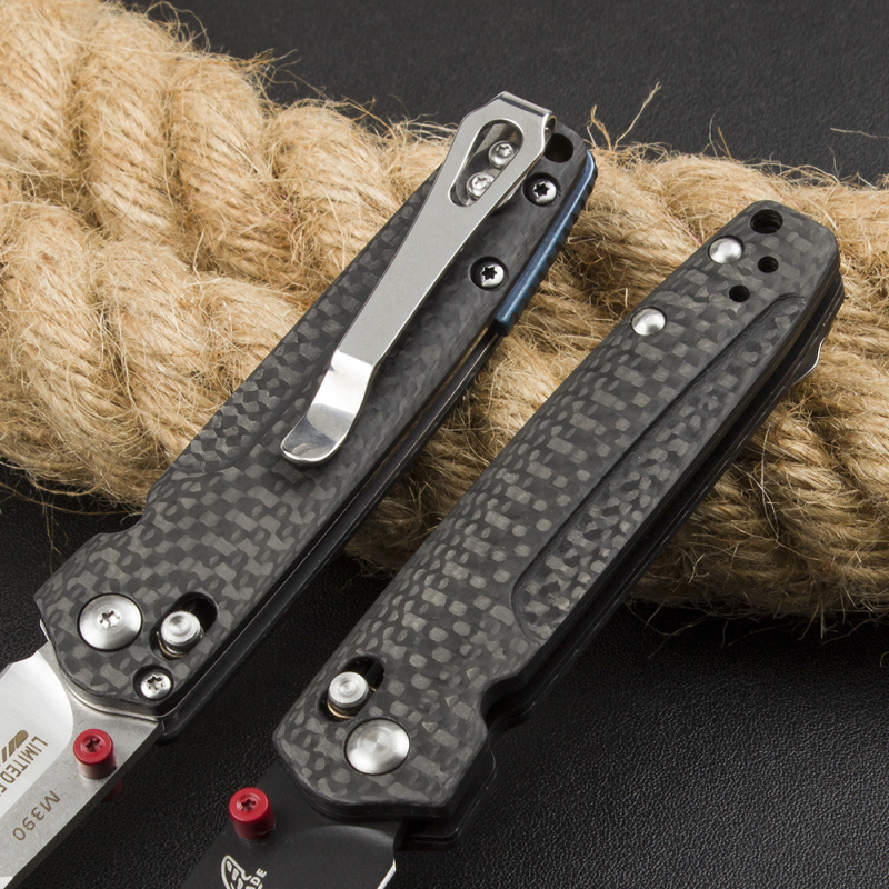 Benchmade 485-3 Knifes Bugout AXIS Folding Knife 2.83" M390 Satin Plain Blade, Carbon Fiber Handles