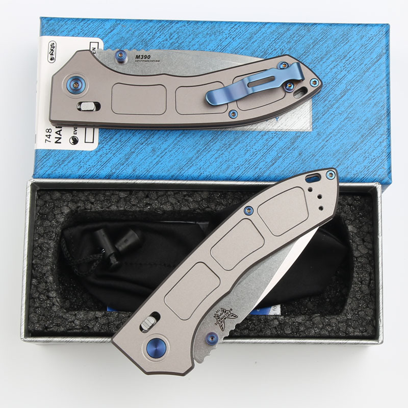Benchmade 748 Narrows AXIS Knife 3.14" M390 Satin Drop Point Folding Blade, Gray Titanium Handles