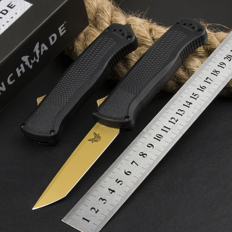 Benchmade 5370FE Knife Shootout OTF AUTO 3.50" CPM-CruWear Gold Tanto Blade, Black CF-Elite Handles