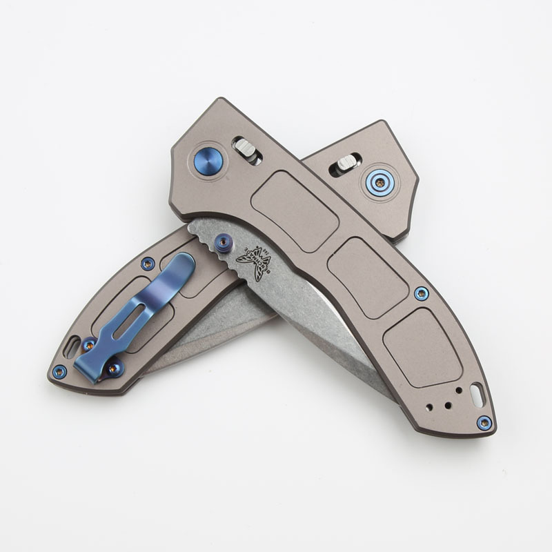 Benchmade 748 Narrows AXIS Knife 3.14" M390 Satin Drop Point Folding Blade, Gray Titanium Handles