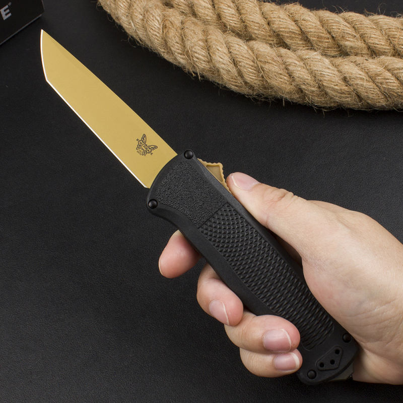 Benchmade 5370FE Knife Shootout OTF AUTO 3.50" CPM-CruWear Gold Tanto Blade, Black CF-Elite Handles