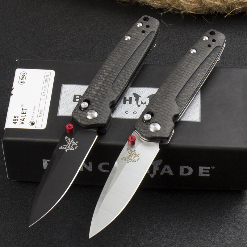 Benchmade 485-3 Knifes Bugout AXIS Folding Knife 2.83" M390 Satin Plain Blade, Carbon Fiber Handles