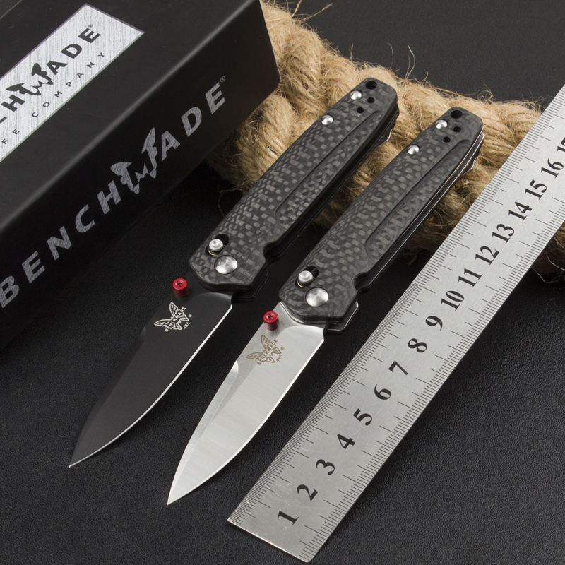 Benchmade 485-3 Knifes Bugout AXIS Folding Knife 2.83" M390 Satin Plain Blade, Carbon Fiber Handles