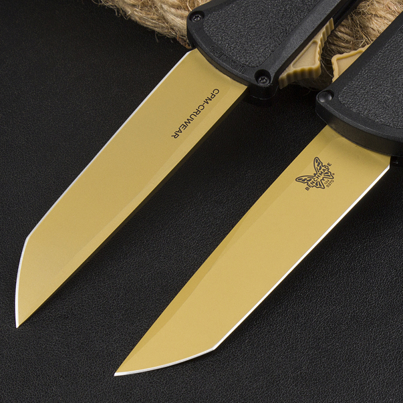 Benchmade 5370FE Knife Shootout OTF AUTO 3.50" CPM-CruWear Gold Tanto Blade, Black CF-Elite Handles