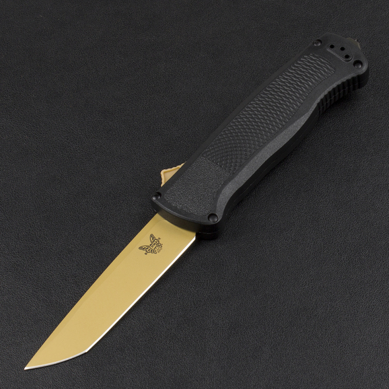 Benchmade 5370FE Knife Shootout OTF AUTO 3.50" CPM-CruWear Gold Tanto Blade, Black CF-Elite Handles