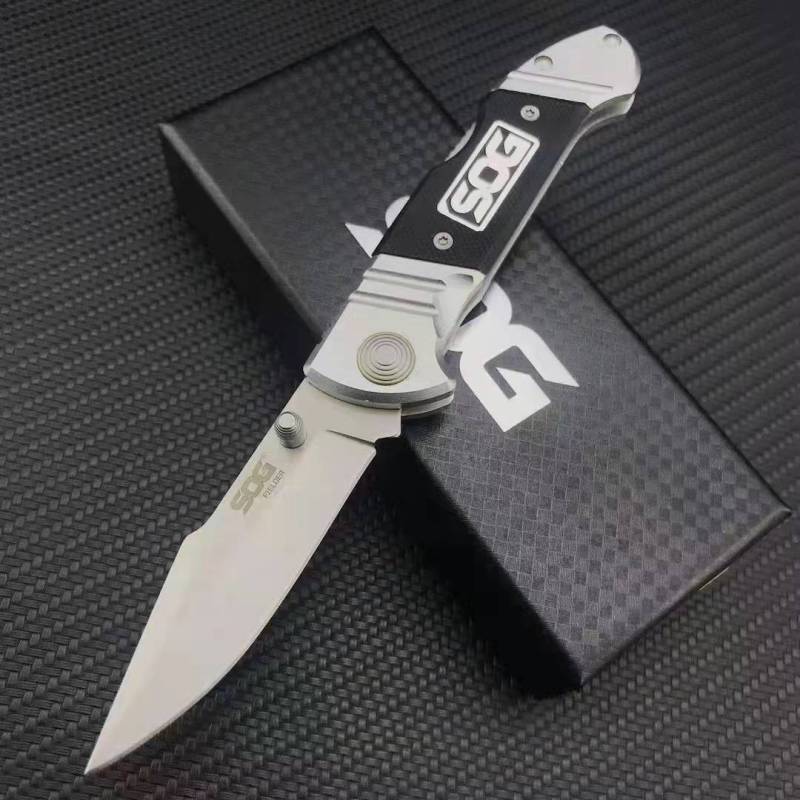 SOG Fielder Folding Knife 3.3" 440c Satin Blade, Black G10 Handles, Liner Lock