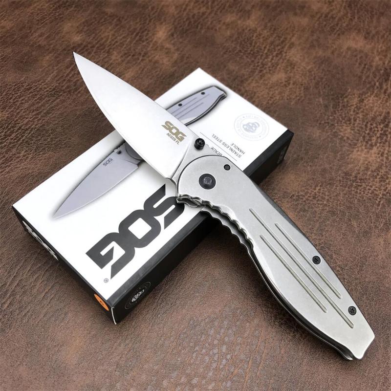 SOG Aegis FLK Flipper Knife 3.54" 8Cr13mov Stonewashed Drop Point Blade, Stainless Steel Handles