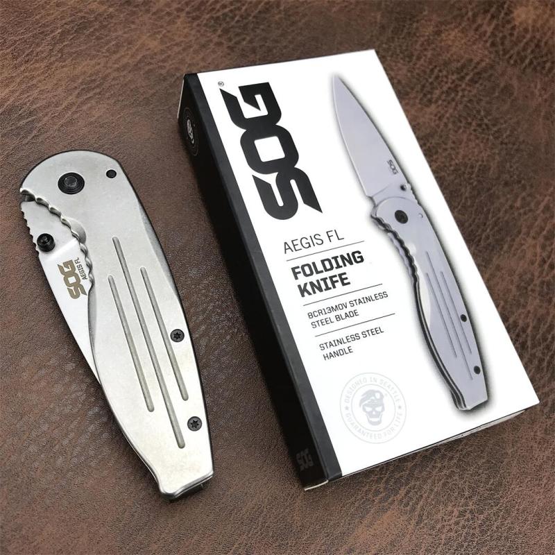 SOG Aegis FLK Flipper Knife 3.54" 8Cr13mov Stonewashed Drop Point Blade, Stainless Steel Handles