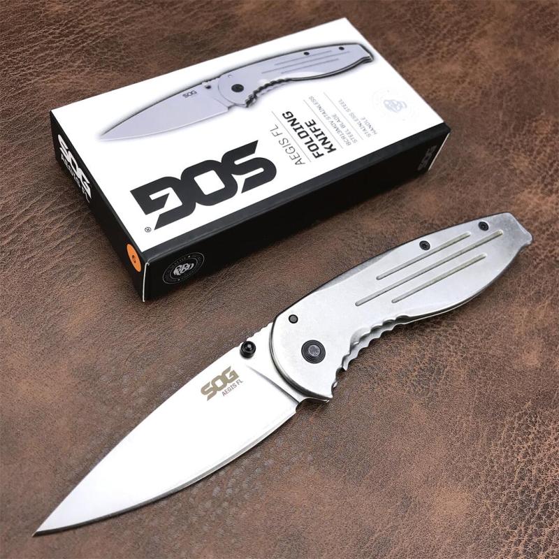 SOG Aegis FLK Flipper Knife 3.54" 8Cr13mov Stonewashed Drop Point Blade, Stainless Steel Handles