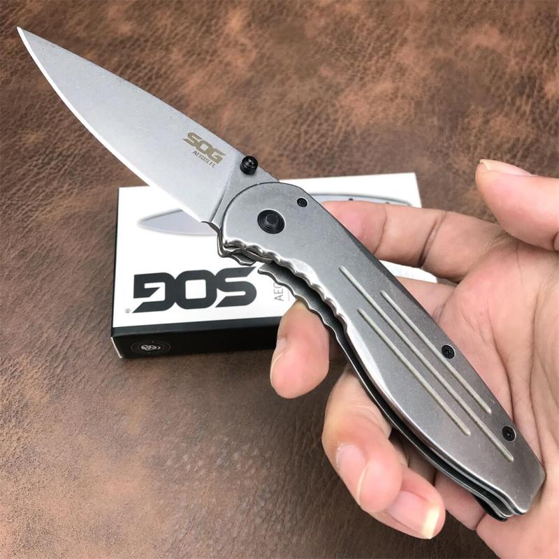 SOG Aegis FLK Flipper Knife 3.54" 8Cr13mov Stonewashed Drop Point Blade, Stainless Steel Handles