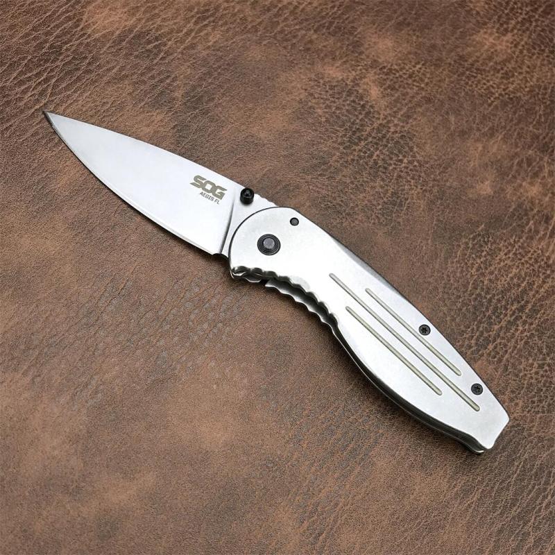 SOG Aegis FLK Flipper Knife 3.54" 8Cr13mov Stonewashed Drop Point Blade, Stainless Steel Handles