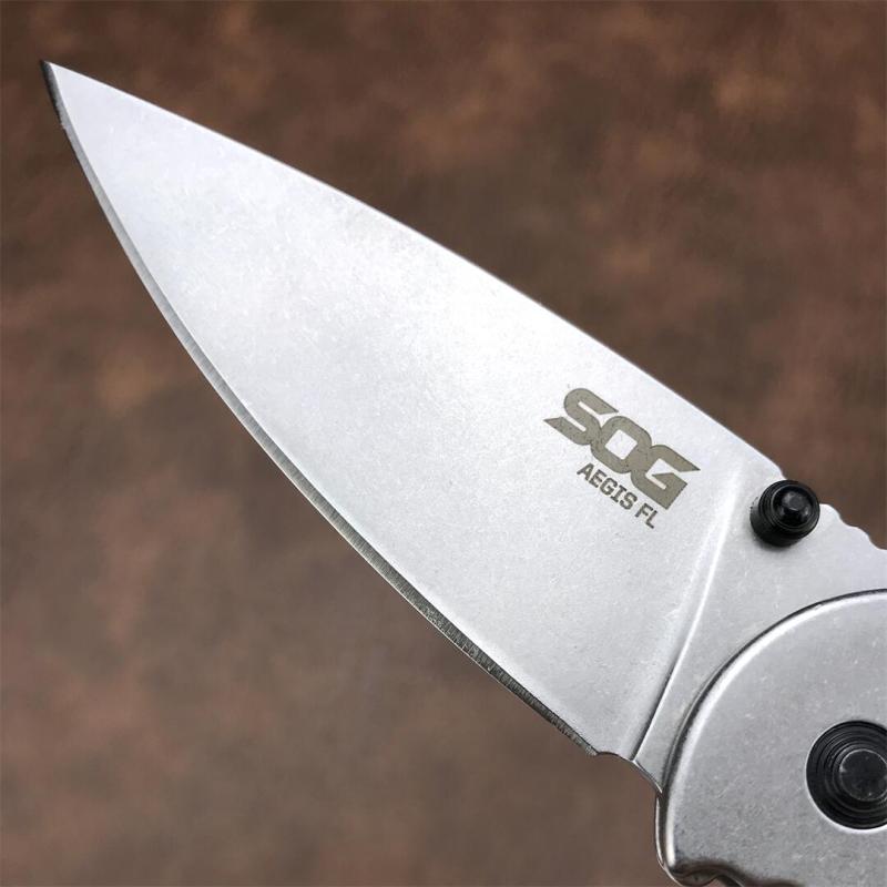 SOG Aegis FLK Flipper Knife 3.54" 8Cr13mov Stonewashed Drop Point Blade, Stainless Steel Handles