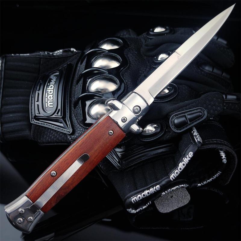Italy AKC 9'' Leverletto Stiletto Stag OTF AUTO Knife 3.85" 440c Steel Blade, Wooden Handles FA69