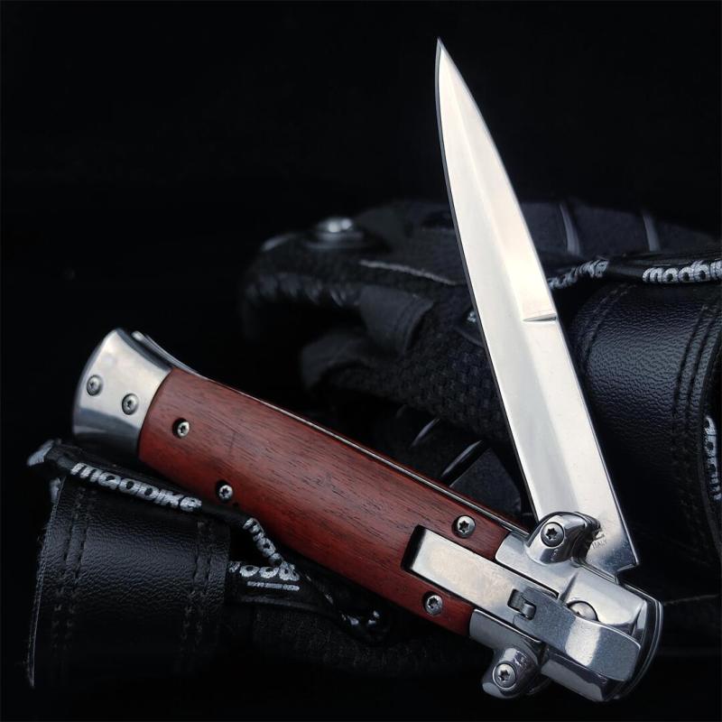 Italy AKC 9'' Leverletto Stiletto Stag OTF AUTO Knife 3.85" 440c Steel Blade, Wooden Handles FA69