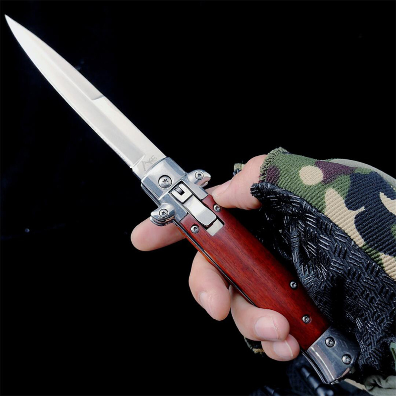 Italy AKC 9'' Leverletto Stiletto Stag OTF AUTO Knife 3.85" 440c Steel Blade, Wooden Handles FA69