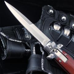 Italy AKC 9'' Leverletto Stiletto Stag OTF AUTO Knife 3.85" 440c Steel Blade, Wooden Handles FA69