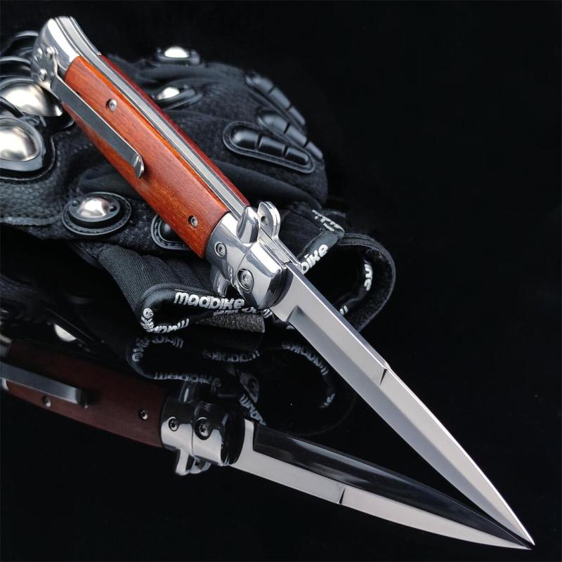 Italy AKC 9'' Leverletto Stiletto Stag OTF AUTO Knife 3.85" 440c Steel Blade, Wooden Handles FA69