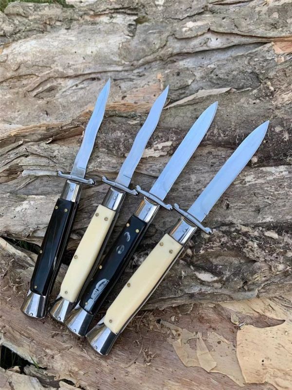 Italy AKC 10'' 4Models OTF AUTO Knife Godfather Stiletto Mafia 4.21" 440 Steel Mirror Blade, Acrylic Handles