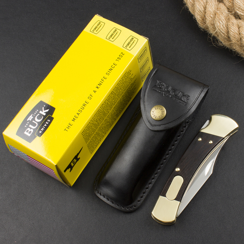 Buck 110 AUTO Elite Folding Hunter 3.74" D2 Plain Blade, Ebony Wood Handles, Black Leather Sheath