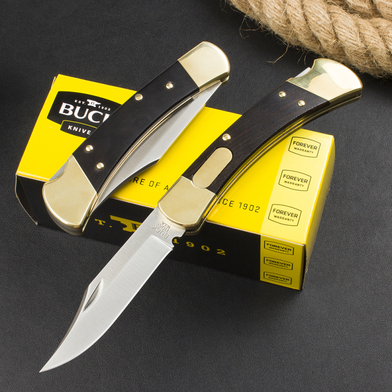 Buck 110 AUTO Elite Folding Hunter 3.74" D2 Plain Blade, Ebony Wood Handles, Black Leather Sheath