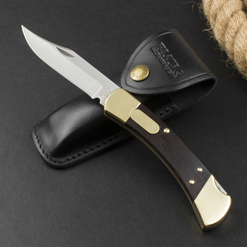Buck 110 AUTO Elite Folding Hunter 3.74" D2 Plain Blade, Ebony Wood Handles, Black Leather Sheath