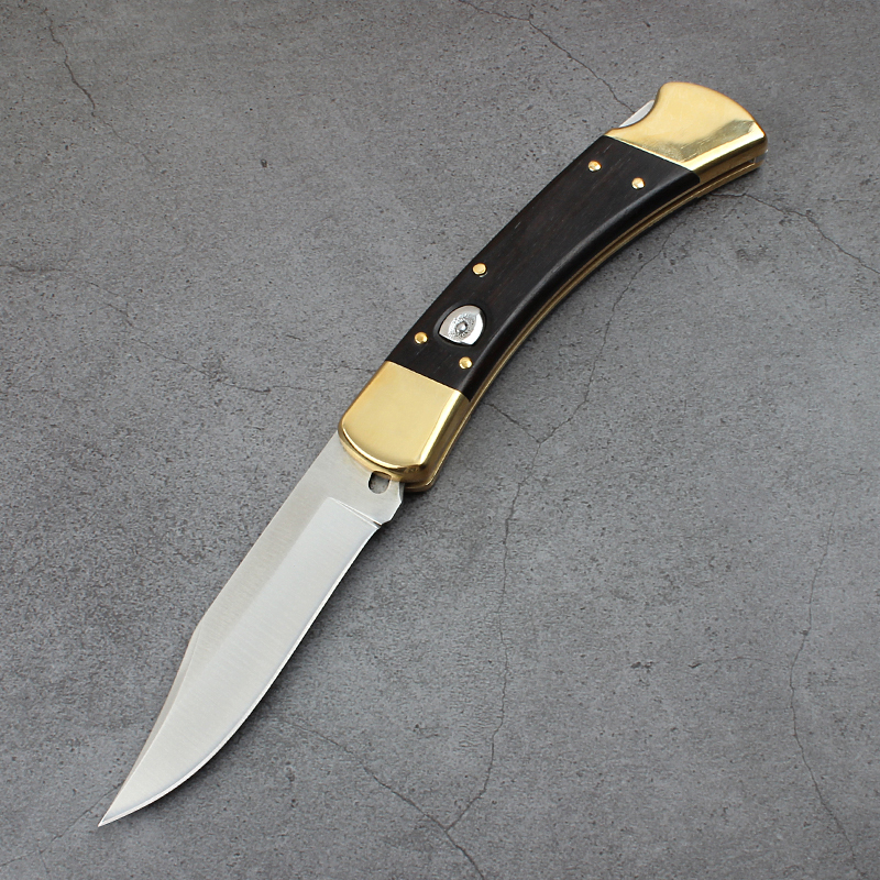 Buck 110/112 AUTO Folding Hunter 3.74" D2 Plain Blade, Ebony Wood Handles, Leather Sheath