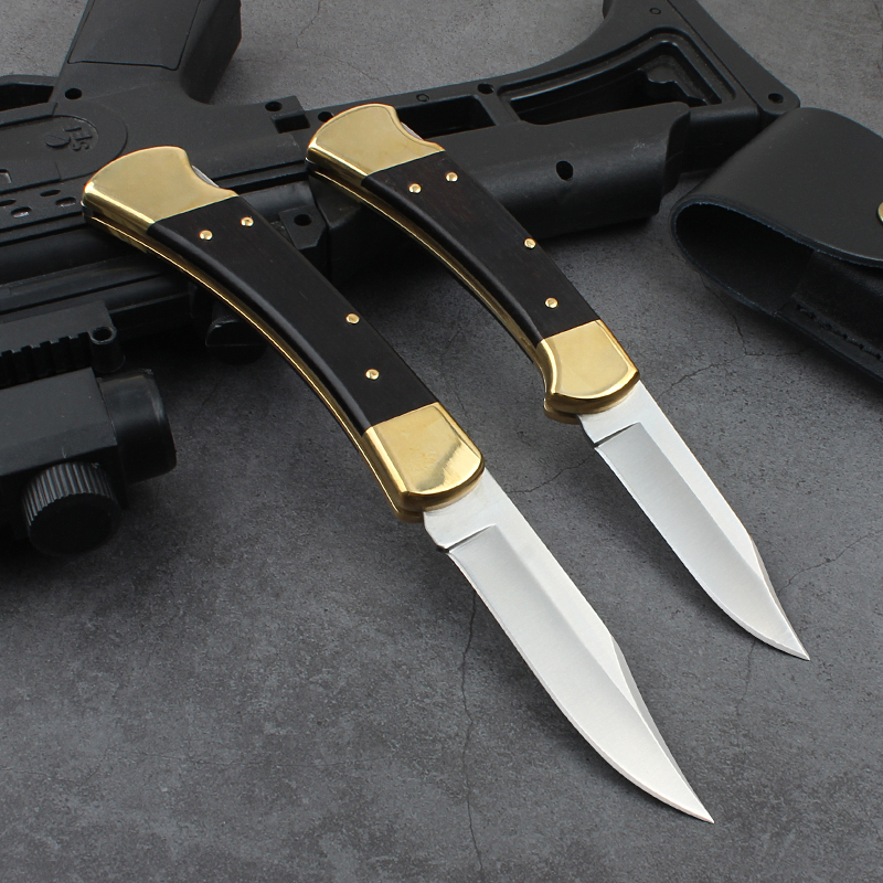 Buck 110/112 AUTO Folding Hunter 3.74" D2 Plain Blade, Ebony Wood Handles, Leather Sheath