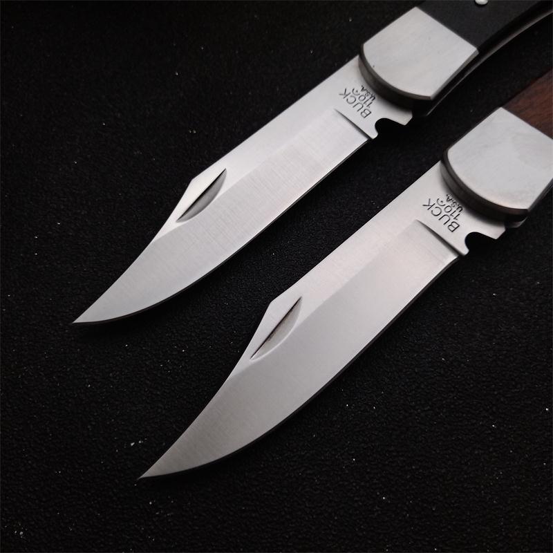 Buck 110 Folding Hunter 3.35" 440C Blade, Ebony Wood Handles, Lockback, Leather Sheath