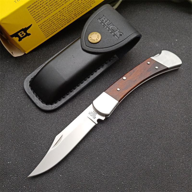 Buck 110 Folding Hunter 3.35" 440C Blade, Ebony Wood Handles, Lockback, Leather Sheath