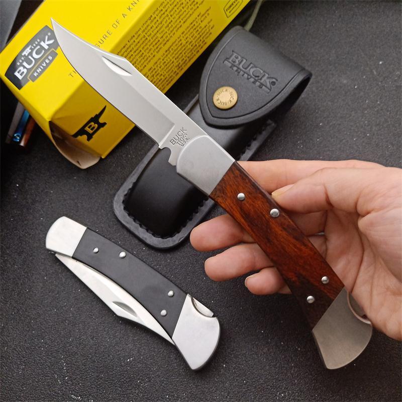 Buck 110 Folding Hunter 3.35" 440C Blade, Ebony Wood Handles, Lockback, Leather Sheath