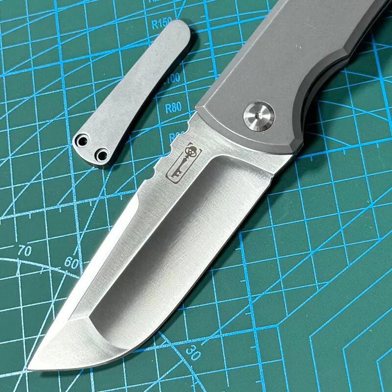 Chaves Knives Liberation 229 Knifes 3.58" M390 Drop Point Folding Blade, Stonewashed Titanium Handles