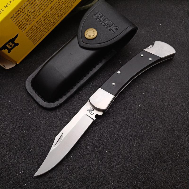 Buck 110 Folding Hunter 3.35" 440C Blade, Ebony Wood Handles, Lockback, Leather Sheath