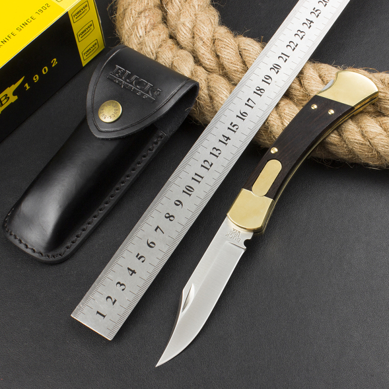 Buck 110 AUTO Elite Folding Hunter 3.74" D2 Plain Blade, Ebony Wood Handles, Black Leather Sheath
