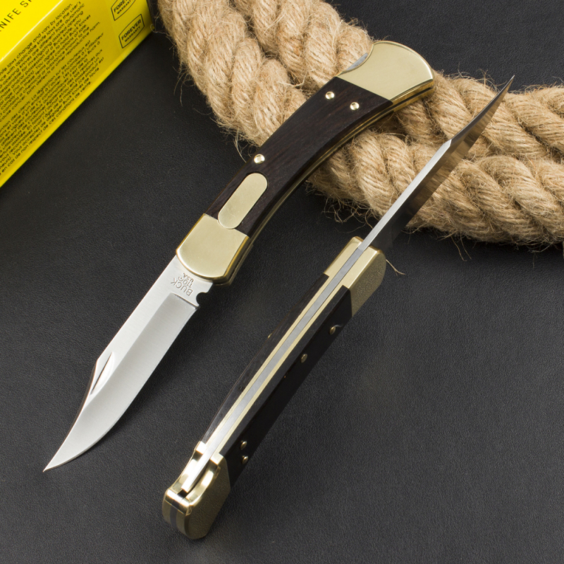 Buck 110 AUTO Elite Folding Hunter 3.74" D2 Plain Blade, Ebony Wood Handles, Black Leather Sheath