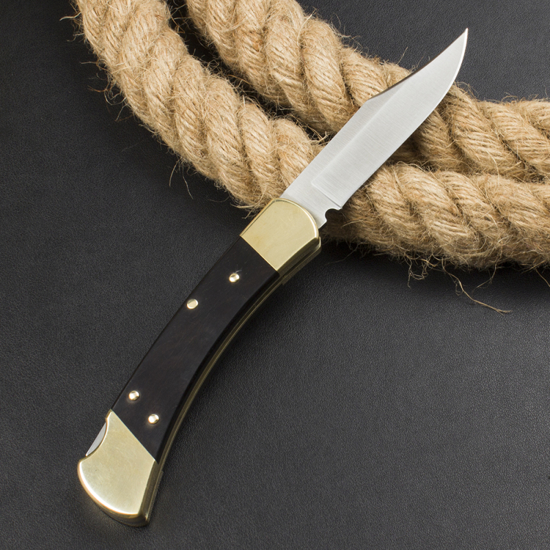 Buck 110 AUTO Elite Folding Hunter 3.74" D2 Plain Blade, Ebony Wood Handles, Black Leather Sheath