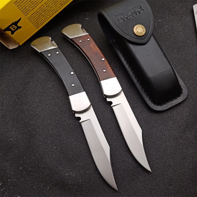 Buck 110 Folding Hunter 3.35" 440C Blade, Ebony Wood Handles, Lockback, Leather Sheath