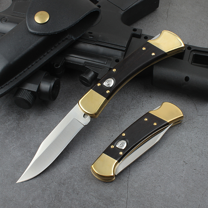 Buck 110/112 AUTO Folding Hunter 3.74" D2 Plain Blade, Ebony Wood Handles, Leather Sheath