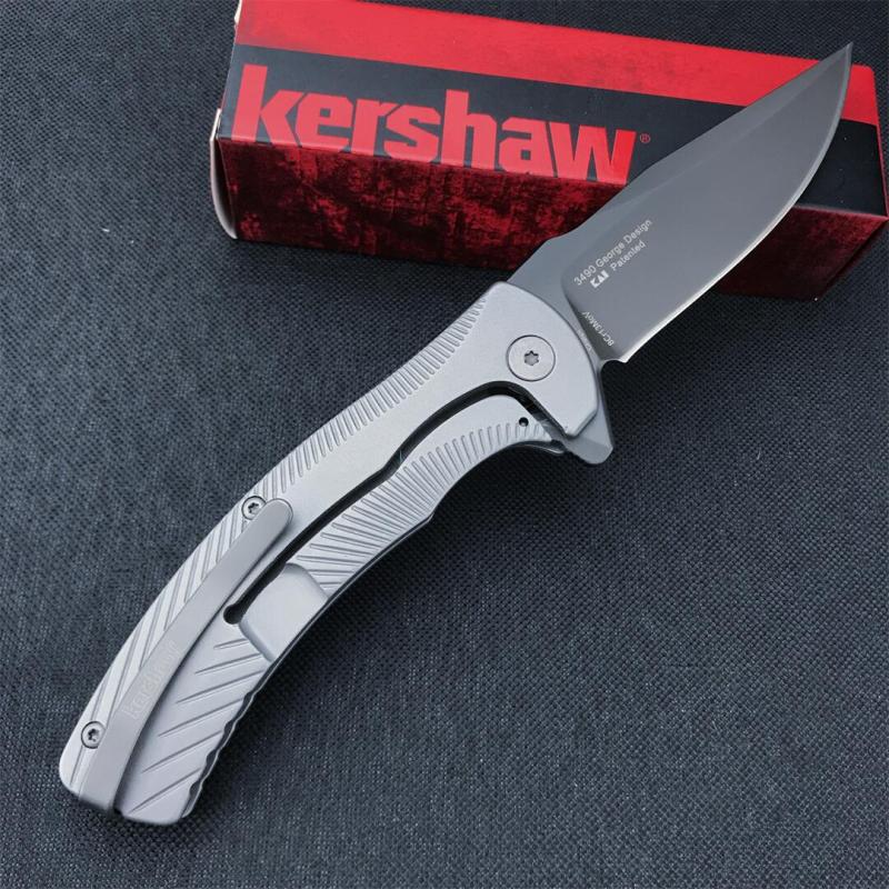 Kershaw 3490 Les George Seguin Assisted Flipper Knife 3.1" Gray PVD Blade, Milled Stainless Steel Handles, Frame Lock