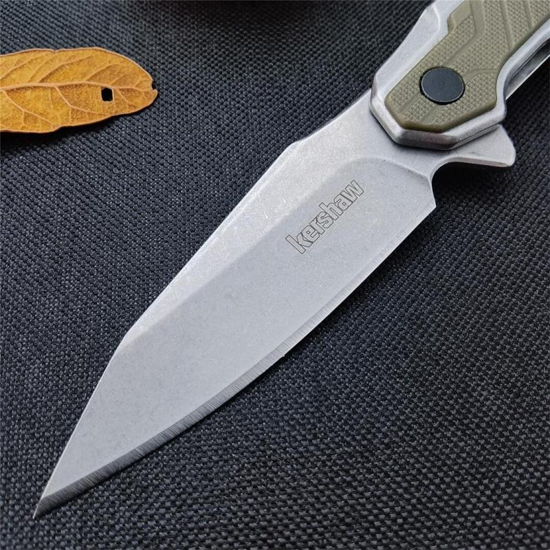 Kershaw Starter Series 1369 Salvage Assisted Flipper Knife 2.9" Stonewashed Clip Point Blade, Stainless Steel Handles with Olive GFN Overlays, Frame Lock