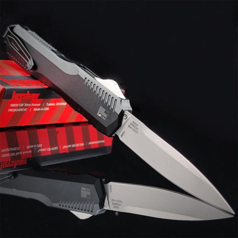 Kershaw 9000 Matt Diskin Livewire OTF AUTO Knife 3.3" CPM-MagnaCut Stonewashed Spear Point Blade, Black Aluminum Handles, Reversible Clip