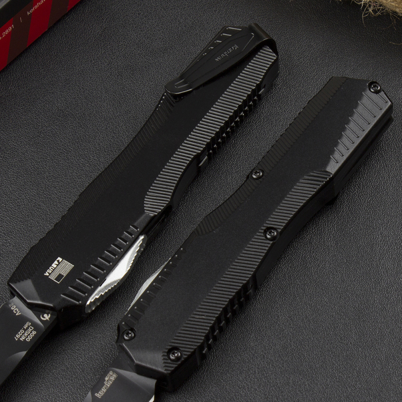 Kershaw 9000 Matt Diskin Livewire OTF AUTO Knife 3.3" CPM-MagnaCut Stonewashed Spear Point Blade, Black Aluminum Handles, Reversible Clip