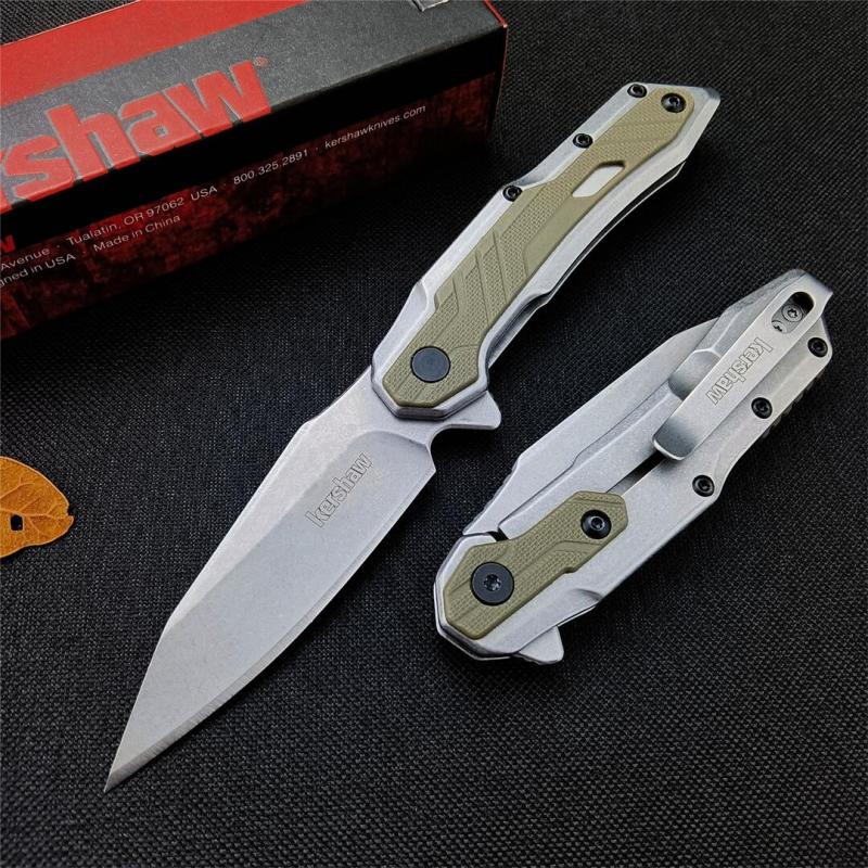 Kershaw Starter Series 1369 Salvage Assisted Flipper Knife 2.9" Stonewashed Clip Point Blade, Stainless Steel Handles with Olive GFN Overlays, Frame Lock