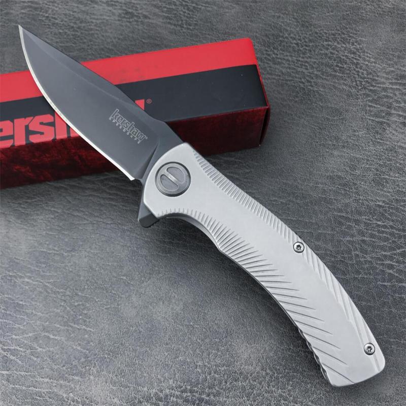Kershaw 3490 Les George Seguin Assisted Flipper Knife 3.1" Gray PVD Blade, Milled Stainless Steel Handles, Frame Lock