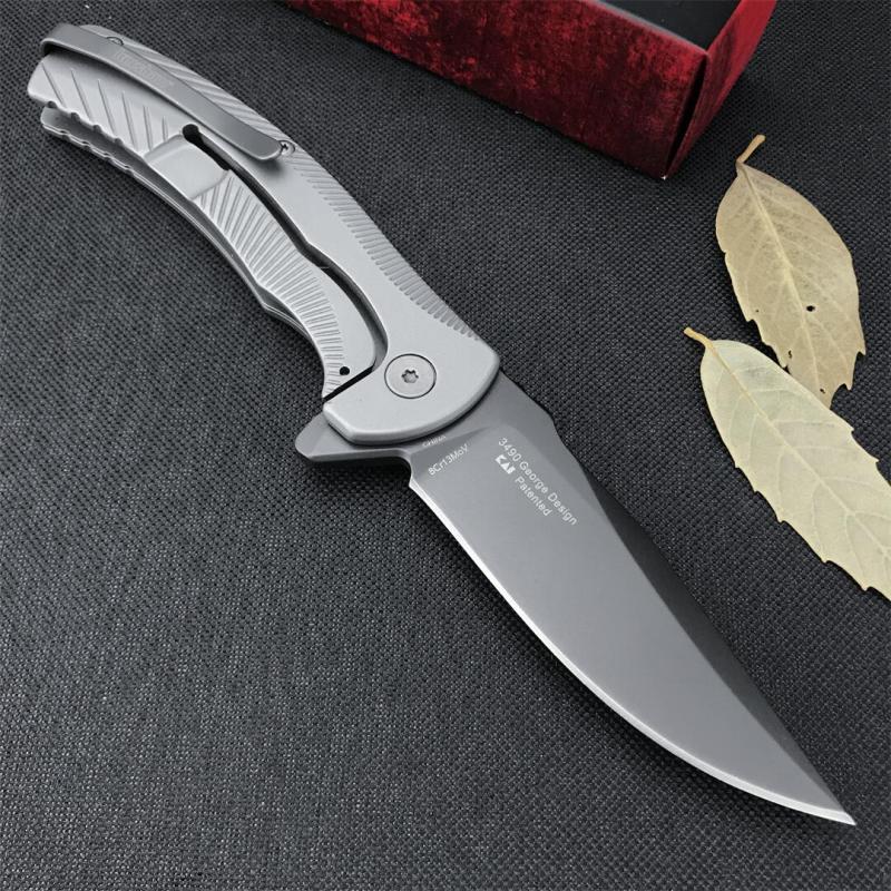 Kershaw 3490 Les George Seguin Assisted Flipper Knife 3.1" Gray PVD Blade, Milled Stainless Steel Handles, Frame Lock