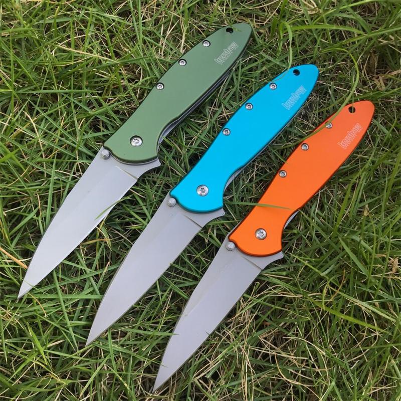 Kershaw 1660OL Ken Onion Leek Assisted Flipper Knife 3" Bead Blast Plain Blade, OD Aluminum Handles, Liner Lock