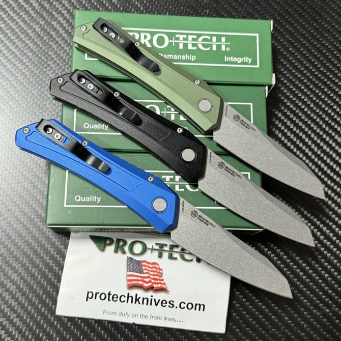 Pro-Tech DS101 AUTO Folding Knife 3.23" CPM-MagnaCut Stonewashed Blade, Black Aluminum Handles