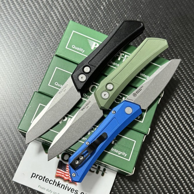 Pro-Tech DS101 AUTO Folding Knife 3.23" CPM-MagnaCut Stonewashed Blade, Black Aluminum Handles