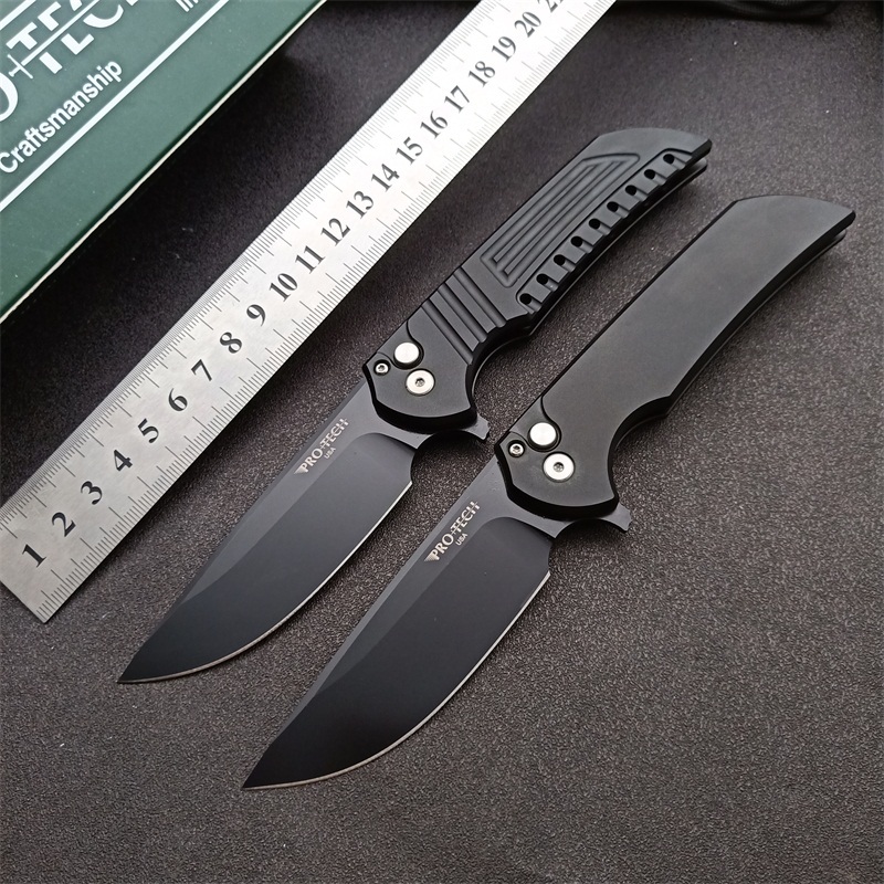 Pro-TechMordax Manual Button Lock Flipper Knife 3.15" CPM-20CV Black DLC Drop Point Blade, Aviation Aluminum Handles