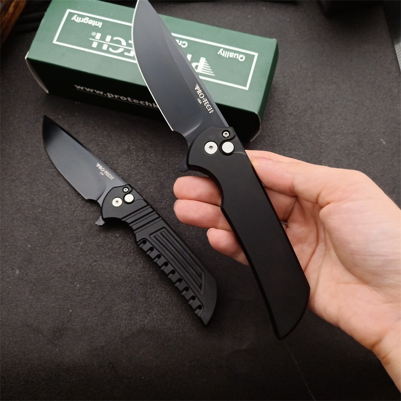 Pro-TechMordax Manual Button Lock Flipper Knife 3.15" CPM-20CV Black DLC Drop Point Blade, Aviation Aluminum Handles