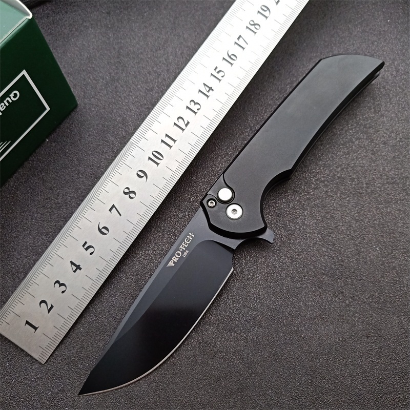 Pro-TechMordax Manual Button Lock Flipper Knife 3.15" CPM-20CV Black DLC Drop Point Blade, Aviation Aluminum Handles